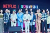The cast of the third season of “Squid Game” (2021-) during a fan event for the release of the third season of “Squid Game” at Seoul Plaza in central Seoul on June 28. [DANIELA GONZALEZ PEREZ]