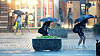 Visitors hurry through Gyeonggijeon Shrine in Jeonju Hanok Village, North Jeolla, with umbrellas in hand as a heavy rain advisory is issued across the province on July 17. [NEWS1]