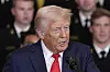 President Donald Trump speaks during the Commander-in-Chief trophy presentation to the Navy Midshipman football team on April 15 in the East Room of the White House, in Washington. [AP/YONHAP]