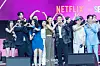 The cast of the third season of “Squid Game” (2021-) during a fan event for the release of the third season of “Squid Game” at Seoul Plaza in central Seoul on June 28. [DANIELA GONZALEZ PEREZ]