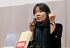 Nobel Prize winner Han Kang speaks during a press conference in 2023. [YONHAP]