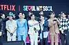 The cast of the third season of “Squid Game” (2021-) during a fan event for the release of the third season of “Squid Game” at Seoul Plaza in central Seoul on June 28. [DANIELA GONZALEZ PEREZ]