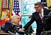 U.S. President Donald Trump shakes hands with Britain's ambassador to the United States, Peter Mandelson, after announcing a trade deal with the Britain in the Oval Office at the White House in Washington on May 8, 2025. [REUTERS/YONHAP]