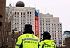 A banner reading ″Victory will be ours″ in Russian hangs on the exterior of the building of the Russian Embassy in Korea in Jung District, central Seoul, on Feb. 24. [NEWS1]