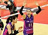 The Heungkuk Life Insurance Pink Spiders' Kim Yeon-koung, left, and Kim Su-ji celebrate during a V League game against the Gwangju Pepper Savings Bank AI Peppers at Pepper Stadium in Gwangju on Jan. 7. [YONHAP]