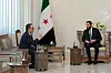 South Korean Foreign Minister Cho Tae-yul, left, and Syrian President Ahmed Al-Sharaa, right, converse during a meeting in Damascus on April 10. [MINISTRY OF FOREIGN AFFAIRS]