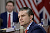 Defense Secretary Pete Hegseth responds to questions from reporters during a meeting with Britain's Defense Secretary John Healey at the Pentagon, March 6, in Washington. [AP/YONHAP]