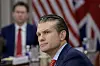 Defense Secretary Pete Hegseth responds to questions from reporters during a meeting with Britain's Defense Secretary John Healey at the Pentagon, March 6, in Washington. [AP/YONHAP]
