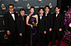 The team from ″KPop Demon Hunters″ (2025) poses in the press room with the award for Best Song Written For Visual media for ″Golden″ (2025) during the 68th annual Grammy Awards ceremony at Crypto.com Arena in Los Angeles on Feb. 1. [EPA/YONHAP]
