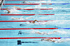 Swimmers compete in the men's 4x200-meter freestyle relay at the 2024 Paris Olympics on Tuesday in Nanterre, France. [AP/YONHAP]