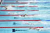 Swimmers compete in the men's 4x200-meter freestyle relay at the 2024 Paris Olympics on Tuesday in Nanterre, France. [AP/YONHAP]