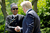 U.S. President Donald Trump and Nigeria’s President Muhammadu Buhari shake hands as they hold a joint news conference in the Rose Garden at the White House in Washington on April 30, 2018. [REUTERS/YONHAP]