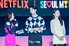 Actors Wi Ha-jun and Park Gyu-young during a fan event for the release of the third season of “Squid Game” (2021-) at Seoul Plaza in central Seoul on June 28. [DANIELA GONZALEZ PEREZ]