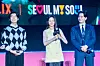 Actors Wi Ha-jun, Park Gyu-young, and Lee Jin-uk during a fan event for the release of the third season of “Squid Game” (2021-) at Seoul Plaza in central Seoul on June 28. [DANIELA GONZALEZ PEREZ]