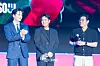 Actors Lee Jin-uk, Jun Suk-ho and Kim Pub-lae during a fan event for the release of the third season of “Squid Game” (2021-) at Seoul Plaza in central Seoul on June 28. [DANIELA GONZALEZ PEREZ]