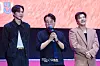 Actors Park Sung-hoon, Lee Seo-hwan and Kang Ha-neul during a fan event for the release of the third season of “Squid Game” (2021-) at Seoul Plaza in central Seoul on June 28. [DANIELA GONZALEZ PEREZ]