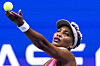 Venus Williams serves to Belgium's Greet Minnen during a US Open first round match at the USTA Billie Jean King National Tennis Center in New York, on Aug. 29.  [AFP/YONHAP]