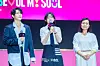 Actors Yim Si-wan, Jo Yu-ri and Kang Ae-sim during a fan event for the release of the third season of “Squid Game” (2021-) at Seoul Plaza in central Seoul on June 28. [DANIELA GONZALEZ PEREZ]