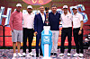 From left: Lucas Glover and Patrick Cantlay of Atlanta Drive GC, TGL CEO Mike McCarley, SoFi CEO Anthony Noto, Billy Horschel and Justin Thomas of Atlanta Drive pose for a photo with the SoFi Cup at the SoFi Center in Florida on March 25. [TGL]