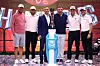 From left: Lucas Glover and Patrick Cantlay of Atlanta Drive GC, TGL CEO Mike McCarley, SoFi CEO Anthony Noto, Billy Horschel and Justin Thomas of Atlanta Drive pose for a photo with the SoFi Cup at the SoFi Center in Florida on March 25. [TGL]