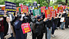 Members of a victims’ group related to the Hang Seng Index-linked equity-linked securities (ELS) fallout chant slogans at a news conference in front of the Financial Supervisory Service in Yeouido, western Seoul, on April 24, 2024, calling for the prosecution of financial institutions, executives and a former financial regulator chief, and demanding full compensation. [YONHAP]