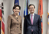 Yoon Jin-sik, chair of the Korea International Trade Association, right, and Republican Rep. Young Kim of California take a commemorative photo after their meeting on March 14 in California. [KITA]