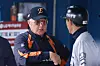 Hanwha Eagles manager Kim Kyung-moon, left, chats with third base coach Kim Jae-gul during a Korea Baseball Organization regular-season game against the LG Twins at Jamsil Baseball Stadium in Seoul on May 27, 2025. [YONHAP]
