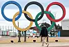 Gangwon 2024 Winter Youth Olympics mascot Moongcho stands between 2018 PyeongChang Olympics mascot Soohorang and Paralympics mascot Bandabi under the Olympic rings at Gangneung Olympic Park in Gangneung, Gangwon on Wednesday. [NEWS1]