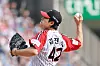 LG Twins pitcher Kim Jin-sung pitches during the KBO game against the Lotte Giants at Jamsil Baseball Stadium in southern Seoul on March 23. [YONHAP]