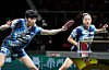 Cho Dae-seong, left, Shin Yu-bin compete during the mixed doubles match against Wang Chuqin and Sun Yingsha of China in the final at the International Table Tennis Federation Mixed Team World Cup 2024 in Chengdu, China on Sunday. [XINHUA/YONHAP]