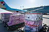 Raw materials for coronavirus vaccines are loaded on a Korean Air Lines aircraft that took off for Amsterdam from Incheon on Tuesday. [KOREAN AIR LINES]