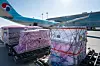 Raw materials for coronavirus vaccines are loaded on a Korean Air Lines aircraft that took off for Amsterdam from Incheon on Tuesday. [KOREAN AIR LINES]