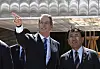 U.S. Treasury Secretary Scott Bessent gestures as he stands with Japan's Economic Revitalization Minister and chief trade negotiator Ryosei Akazawa in front of the U.S. Pavilion for a photo session after the U.S. National Day ceremony at the Osaka World Expo 2025, in Osaka, Japan, on July 19. [EPA/YONHAP]