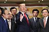 U.S. President Donald Trump, center, meets with Korean business leaders at a meeting at the Grand Hyatt hotel in Yongsan District, central Seoul, on June. 30. [AP/YONHAP]