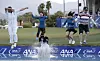 Ryu So-yeon, front center, leaps into the pond, followed by her caddie, Tom Watson, left, and family members after Ryu won the ANA Inspiration on a playoff hole at Mission Hills Country Club in Rancho Mirage, California on April 2, 2017. [AP/YONHAP]
