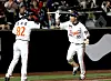 Hanwha Eagles infielder Hwang Young-mook, right, celebrate during a KBO game against the LG Twins at Daejeon Hanwha Life Ballpark in Daejeon on April 30. [NEWS1]