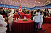 North Korean leader Kim Jong-un and his daughter Kim Ju-ae, left, hold a child from the family of a commander in an overseas operations unit deployed to Russia at the May Day Stadium in Pyongyang on Jan. 1. [RODONG SINMUN]