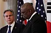 U.S. Secretary of State Antony Blinken, left, and Defense Secretary Lloyd Austin hold a joint press conference with South Korean Foreign Minister Cho Tae-yul and Defense Minister Kim Yong-hyun during a meeting at the State Department in Washington, U.S., on Thursday. [REUTERS/YONHAP]