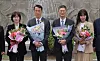 Constitutional Court Acting Chief Justice Moon Hyung-bae, second from right, and justice Lee Mi-son, far left, take a commemorative photo with family at the court building in Jongno District, central Seoul, on April 18. [NEWS1]
