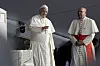Pope Francis, left, is flanked by Cardinal Kevin Farrell during a vigil at Campo San Juan Pablo II in Panama City on Jan. 26, 2019. [AP/YONHAP]