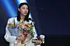 Kim Yeon-koung speaks at the V League awards ceremony at Swiss Grand Hotel in western Seoul on April 14. [YONHAP]