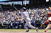 Los Angeles Dodgers infielder Kim Hye-seong watches his RBI single during an MLB game against the San Francisco Giants in San Francisco on July 12. [AP/YONHAP]