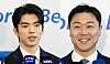 Figure skater Cha Jun-hwan, left, and bobsleigh medalist Won Yun-jong talk to the press as they challenge for the International Olympic Committee (IOC) Athletes' Commission at the Olympic Hall in Songpa-gu, Seoul on Wed. 26. [NEWS1]