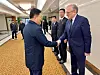 This file photo, captured from the Facebook account of the Russian Embassy in North Korea on March 27, 2024, shows Russian Ambassador to North Korea Aleksandr Matsegora, right, seeing off North Korean External Economic Relations Minister Yun Jong-ho, prior to his departure from Pyongyang to Moscow the previous day. [YONHAP]