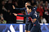 Paris Saint-Germain midfielder Lee Kang-in, front, celebrates scoring with Kylian Mbappe during a Ligue 1 match against Montpellier at Parc de Prines in Paris, France on Nov. 3, 2023. [XINHUA/YONHAP]