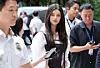 Former NewJeans member Danielle, center, appears at Seoul Central District Court in southern Seoul on Aug. 14, 2025. [NEWS1]