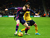 Wolverhampton Wanderers' Hwang Hee-chan, right, vies for the ball during a Premier League match against Nottingham Forest at Molineux Stadium in Wolverhampton, England on Jan. 6. [REUTERS/YONHAP]