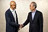 KT CEO Kim Young-shub, right, shakes hands with Microsoft CEO Satya Nadella after signing an agreement to collaborate in developing Korea-customized AI at the tech giant's headquarters in Redmond, Washington, on Friday. [KT]