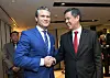 U.S. Defense Secretary Pete Hegseth, left, and Singapore Coordinating Minister for Public Services and Minister for Defence Chan Chun Sing shake hands before a Ministerial Roundtable during the International Institute for Strategic Studies Shangri-la Dialogue in Singapore on May 31. [EPA/YONHAP]