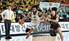 Suwon KT Sonicboom power forward Paris Bass, left, dribbles the ball during a 2023-24 KBL playoff game against the Changwon LG Sakers at Changwon Gymnasium in Changwon, North Gyeongsang on Wednesday. [YONHAP]
